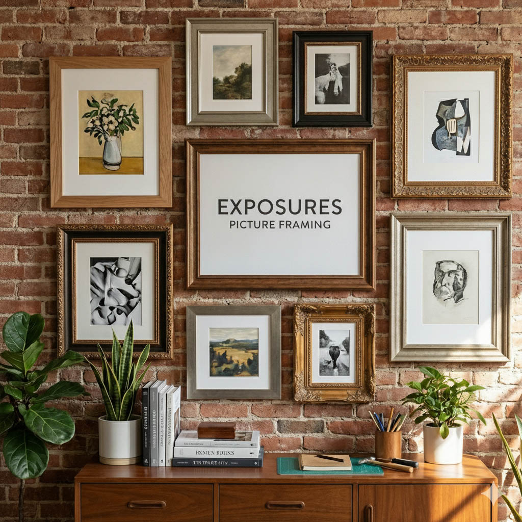 A variety of professional custom frame samples on a brick wall in our Toronto shop